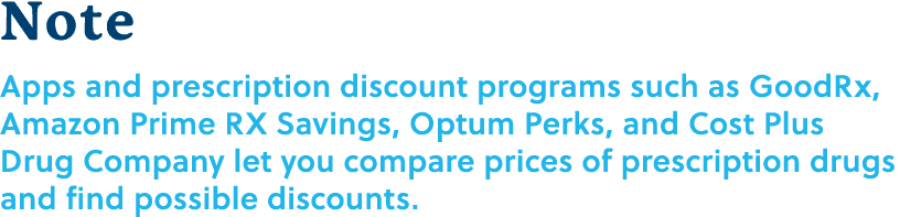 Note Apps and prescription discount programs such as GoodRx, Amazon Prime RX Savings, Optum Perks, and Cost Plus Drug...